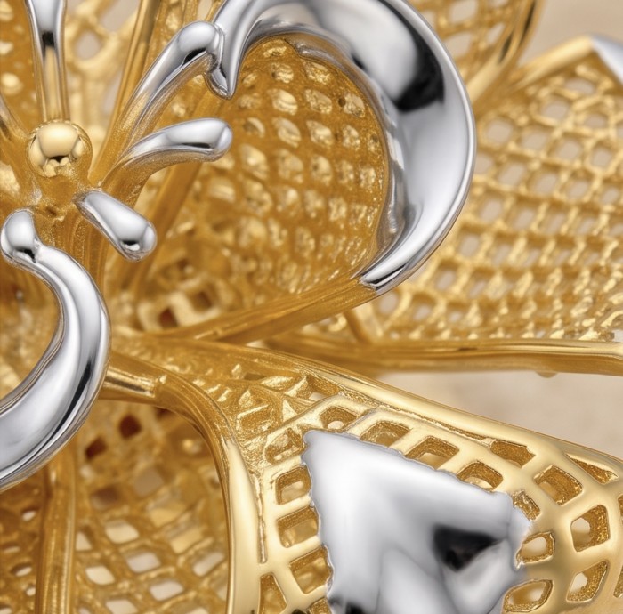 GOLDEN ROSE - Dubai Style - .925 Sterling Silver dipped in 22K Gold handmade Large ring size 7 - Close-up of GOLDEN ROSE jewelry detail, showcasing silver and gold elements.