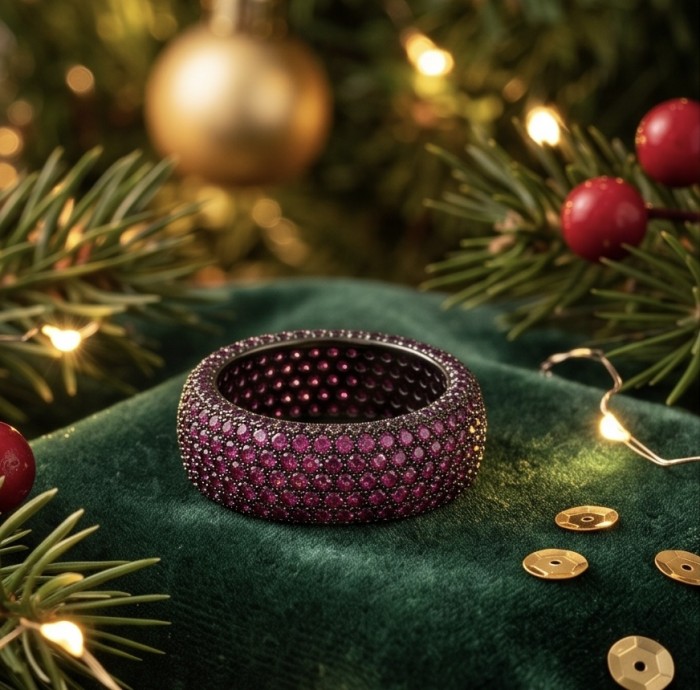 Giovanna 8.7 carat pave Kashmir Ruby .925 Sterling Silver handmade Statement Ring size 6 3/4 - Ruby-studded bangle on velvet, festive background, side view.