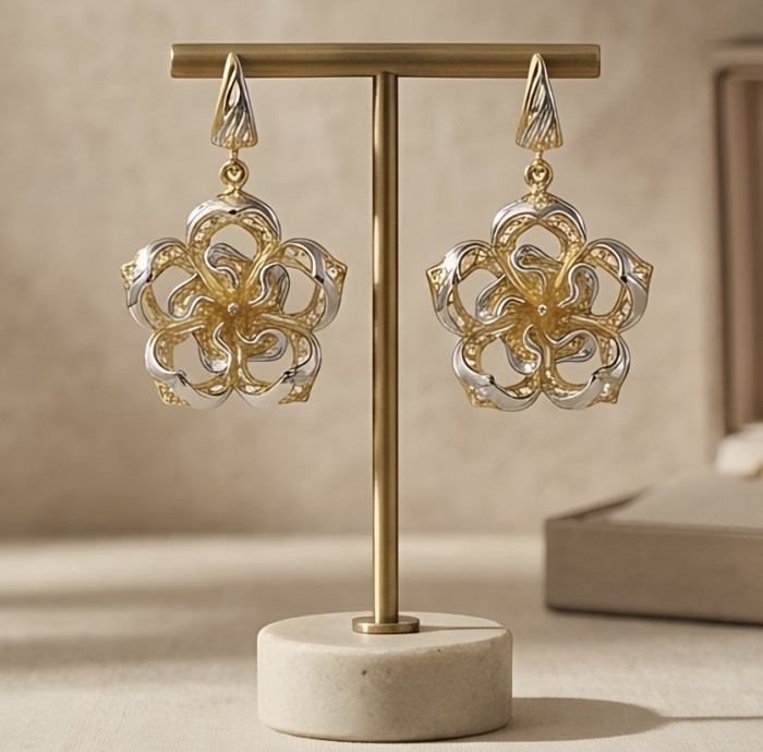Golden Roses Dubai Style - .925 Sterling Silver dipped in 22K Gold handmade Earrings - Front view of intricate golden rose earrings on display stand.