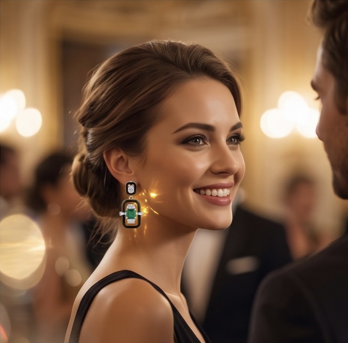 Art Deco 4.2 carat Colombian Emerald .925 Sterling Silver handcrafted Statement earrings - Elegant emerald earrings worn at an upscale event, side profile view