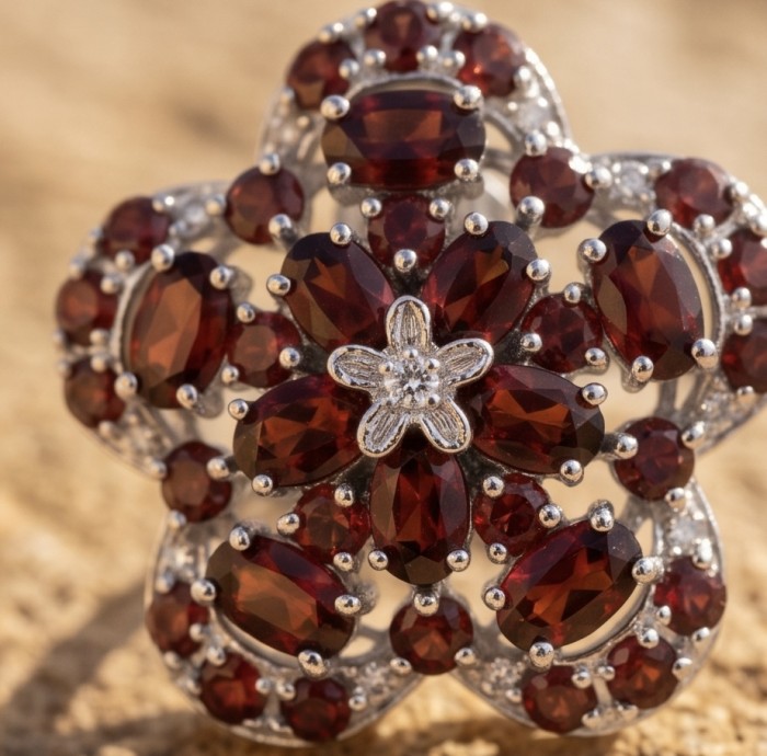 María Rosa - Real Art - Natural 14.2 carat Garnet .925 Sterling Silver handcrafted Statement earrings - Close-up of a floral garnet cluster ring in silver setting.