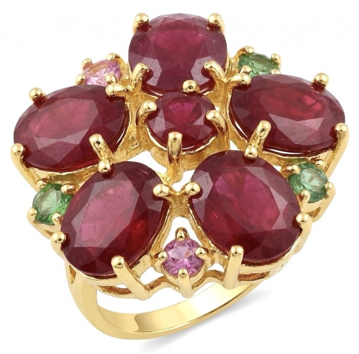 Blooming Garden Genuine 24.5 carat Kashmir Ruby .925 Sterling Silver dipped in 22K Gold Large Statement Ring size 7 1/4 - Close-up of Blooming Garden 24.5ct Kashmir Ruby ring in gold setting.