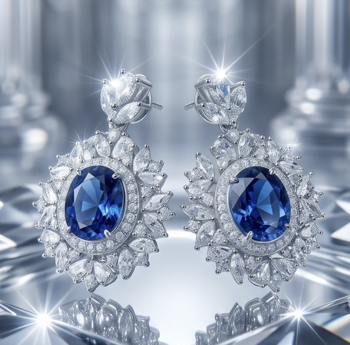 Giuseppina - Authentic 7.5 carat Sapphire 4.9 cartra Moissanite rhodium over .925 Sterling Silver handcrafted Statement earrings - Close-up of Giuseppina sapphire and moissanite earrings on reflective surface.
