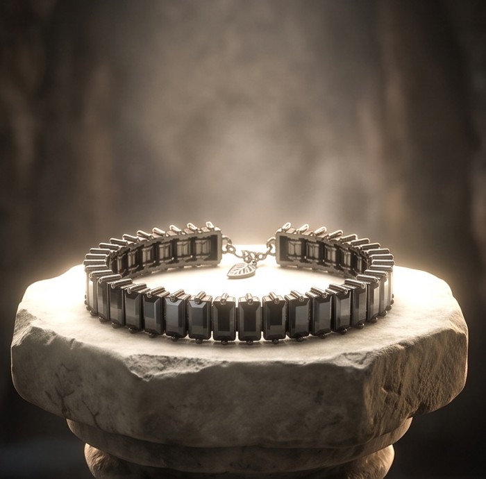 DIVINE PROTECTION Elegant Mexican Hematite .925 Sterling Silver DIPPED IN BLACK RHODIUM handmade Bracelet - Hematite bracelet on pedestal, front view, spotlighted display