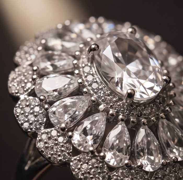 Real Beauty - 10.5 carat White Sapphire .925 Sterling Silver Handcrafted Statement Ring size 8 1/2 - Close-up of white sapphire ring with intricate detailing.