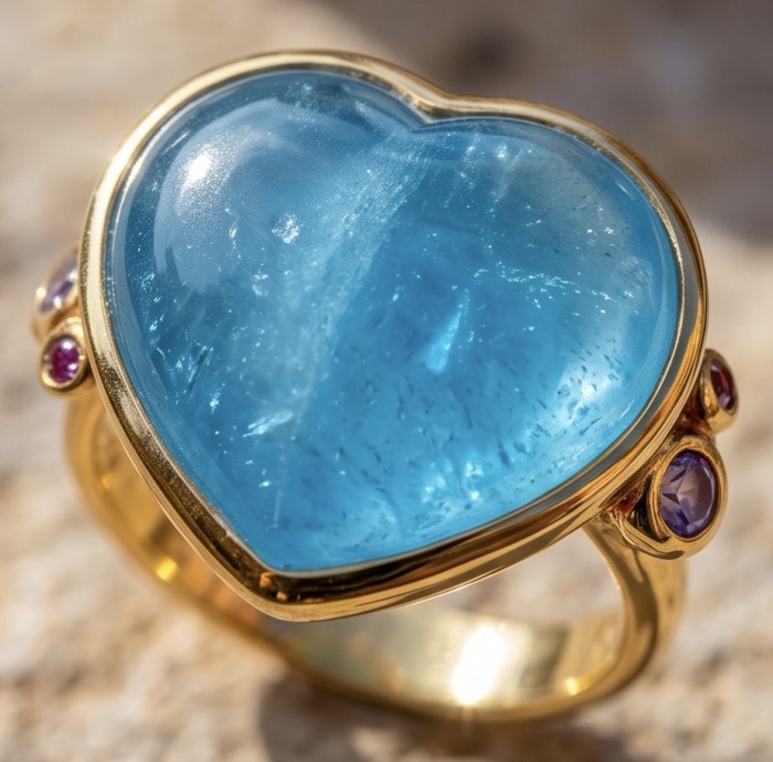 Angel's Heart 19.8 carat Aquamarine 18K Gold over .925 Sterling Silver handmade Ring size 9 - Close-up of Angel's Heart aquamarine ring in 18K gold.