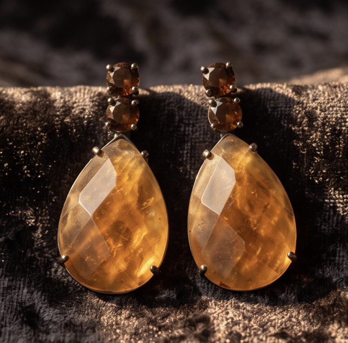 Jasmine 30.9 carat authentic Champagne Topaz .925 Sterling Silver dipped in black rhodium Handcrafted Statement Earrings - photo 4