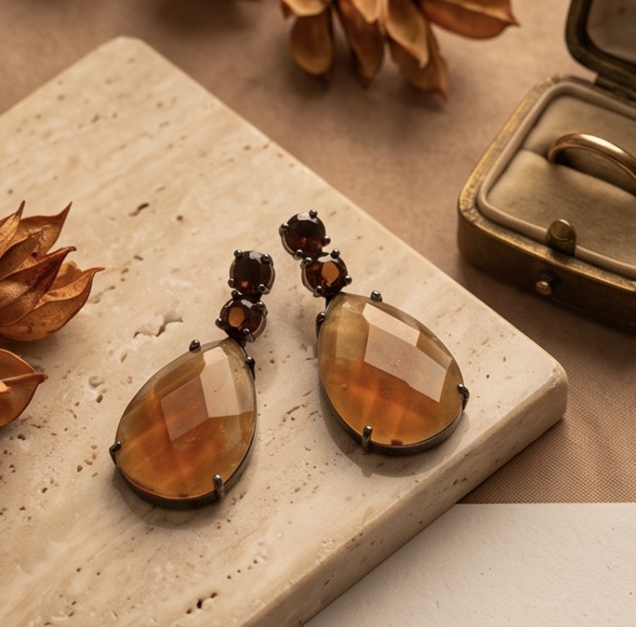 Jasmine 30.9 carat authentic Champagne Topaz .925 Sterling Silver dipped in black rhodium Handcrafted Statement Earrings - photo 1