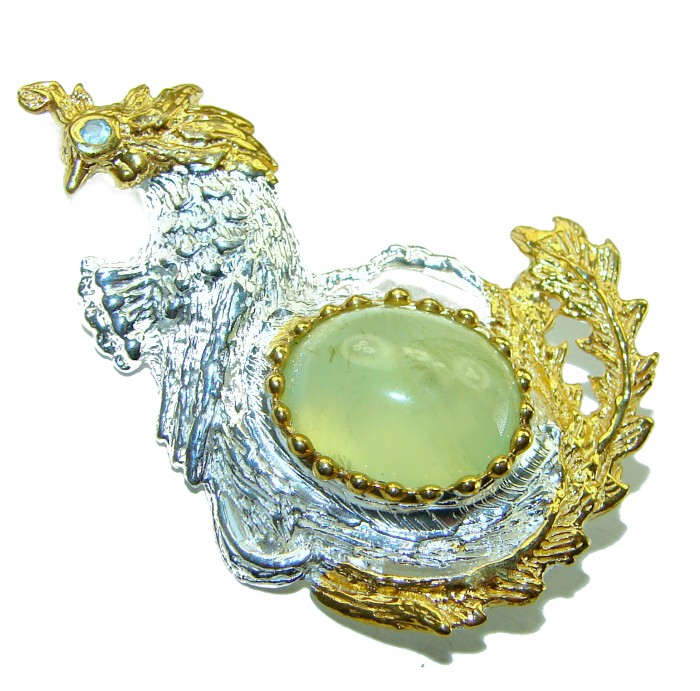 Green Rooster 11.2 carat Prehnite 2 tones .925 Sterling Silver handmade Pendant Brooch - photo 1