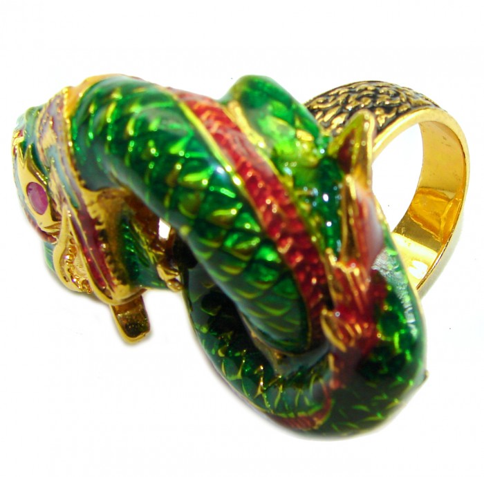 Large green Dragon - symbolizes supernatural power- Enamel Ruby 18K Gold over .925 Sterling Silver Huge handcrafted Ring s. 8 - photo 3