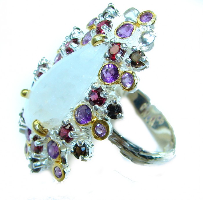Moonlight Authentic 14.2 carat Fire Moonstone 18k Gold over .925 Sterling Silver handmade Satement ring s. 8 - Side view of Moonstone ring with purple and red gemstones.