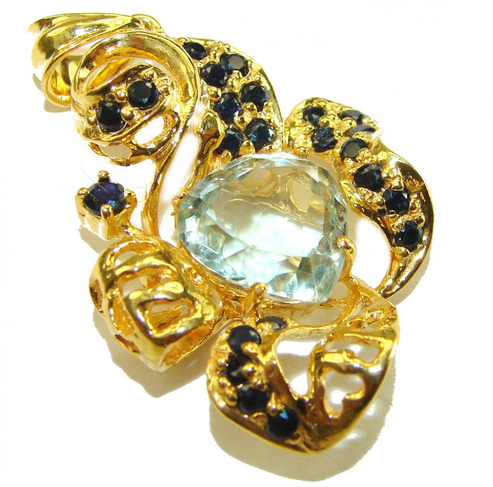 11.8 carat Green Amethyst - Prasolite 14K Gold over .925 Sterling Silver handcrafted pendant - Elegant gold pendant with green amethyst and sapphires, front view.