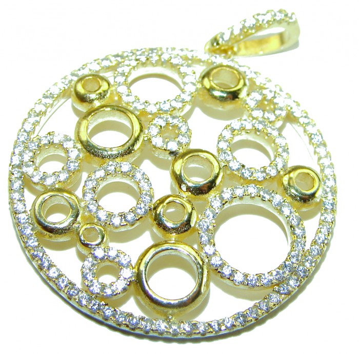 Exquisite vintage style 6.8 carat White Sapphire 18K Gold over .925 Sterling Silver handcrafted Made in Italy Statement pendant - Gold pendant with white sapphires, circular design, top view.