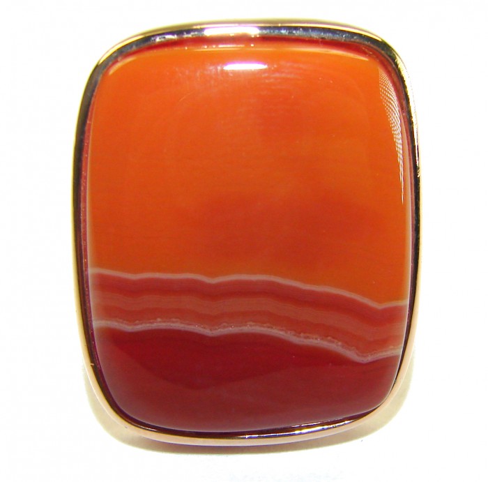 Toffee Orange Power natural Carnelian 14K Rose Gold over .925 Sterling Silver handmade ring s. 7 adjustable - Close-up of Toffee Orange Power Carnelian in 14K Rose Gold setting.