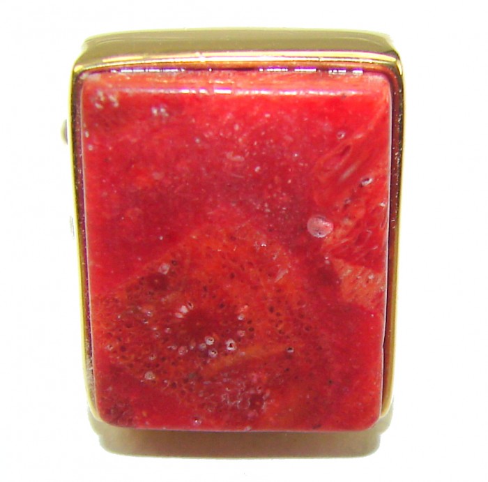 Bochic Style Natural Fossilized Coral .925 Sterling Silver handmade ring s. 8 adjustable - Close-up of red fossilized coral stone in sterling silver setting.