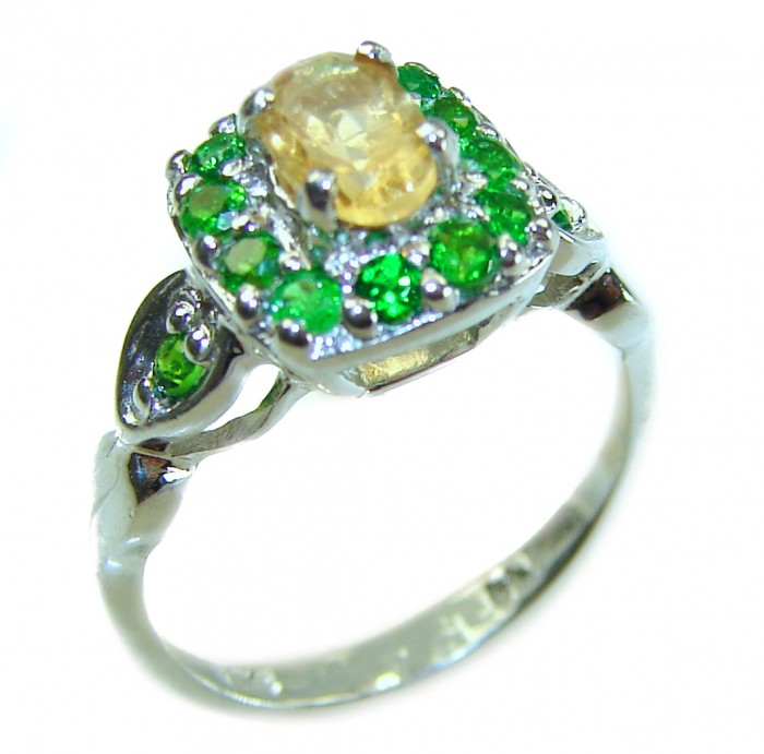 Esmeralda Authentic 3.3 carat Citrine .925 Sterling Silver handmade Ring s. 5 3/4 - Side view of Esmeralda ring with citrine and emerald stones