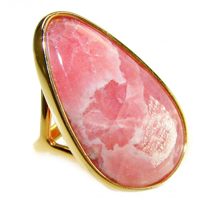 Strawberry Fields - 18.8 CARAT Argentinian Rhodochrosite 18K Gold over .925 Sterling Silver handmade ring size 8 - Close-up of Strawberry Fields ring with Argentinian Rhodochrosite stone.