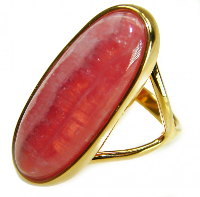 Large top quaity Argentinian Rhodochrosite 18K Gold over .925 Sterling Silver handmade ring size 8 3/4 - Close-up of large pink rhodochrosite ring with gold band.