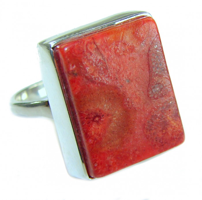 Bochic Style Natural Fossilized Coral 14K Gold over .925 Sterling Silver handmade ring s. 9 - Rectangular fossilized coral ring, close-up view.