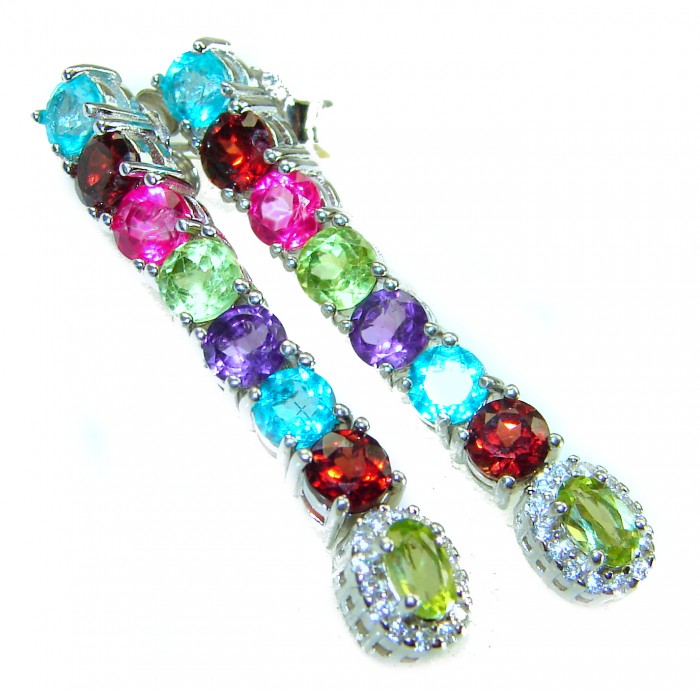 Fiesta Authentic 9.5 carat Multigem .925 Sterling Silver brilliantly handcrafted earrings - Colorful multigem earrings in sterling silver, angled top view.