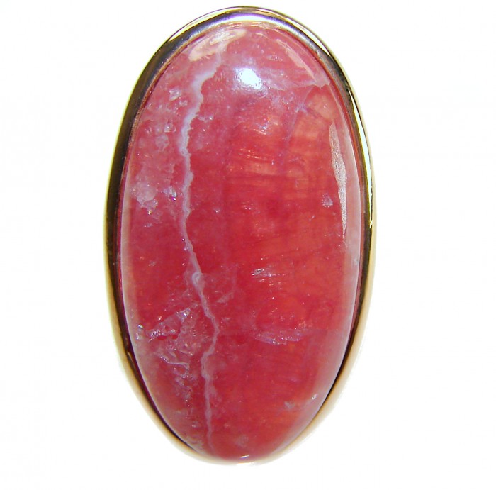 Large top quaity Argentinian Rhodochrosite 18K Gold over .925 Sterling Silver handmade ring size 7 - Close-up of large Argentinian Rhodochrosite in 18K gold setting.