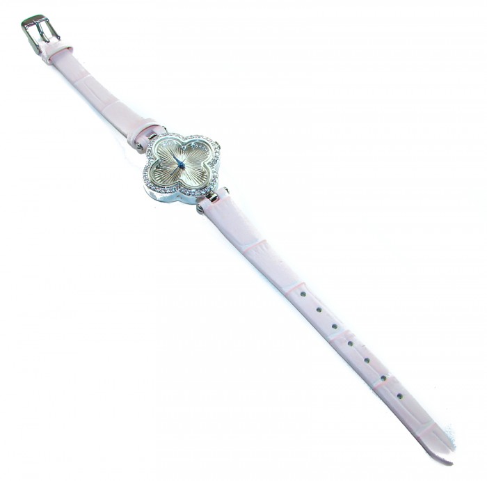 Precious Four Leaf Clover Genuine Leather strap .925 Sterling Silver handmade Watch - Pink leather clover watch, top view, silver detailing.