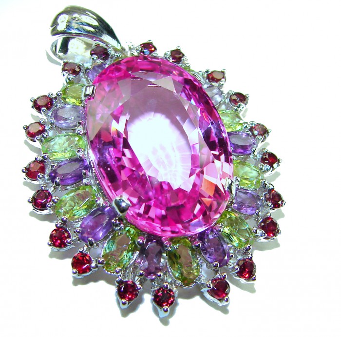 Royal Jewel - Large - Posh rose - 33.5 CARAT Pink Sapphire .925 Sterling Silver handmade Pendant - Close-up of a pink sapphire pendant with mixed gemstone halo