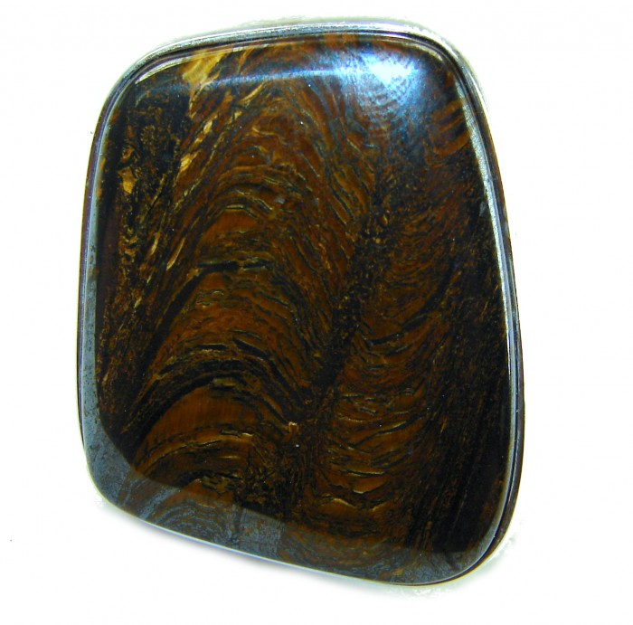 Large 32.5 carat Silky Golden Pietersite .925 Sterling Silver handmade Ring size 8 adjustable - Close-up of large 32.5 carat silky golden Pietersite in sterling silver.