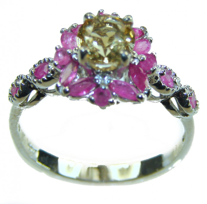 Golden Treasure 4.5 carat Citrine .925 Sterling Silver Handcrafted Ring size 9 - Citrine and pink gemstone ring, front view, Sterling Silver setting.