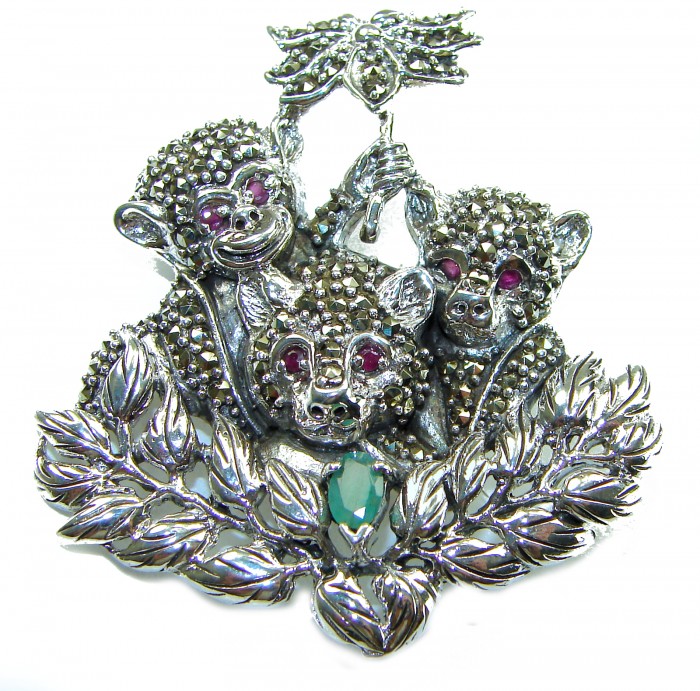 Three Monkeys - Spectacular - Ruby Marcasite .925 Sterling Silver handmade Brooch - Front view of three monkeys brooch with ruby and marcasite in sterling silver.