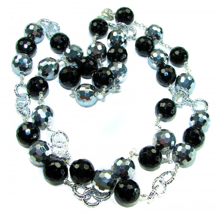 34 inches authentic Onyx 14K Gold over .925 Sterling Silver handmade Station Necklace - Faceted onyx necklace, 34 inches, angled view highlighting beads.