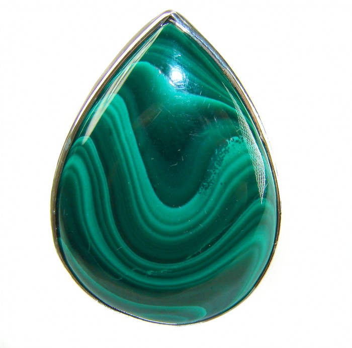 Amazonia 37.5 CARAT genuine Malachite from Ural .925 Sterling Silver handcrafted ring size 7 adjustable - Close-up of Amazonia 37.5 carat Malachite stone in sterling silver setting.