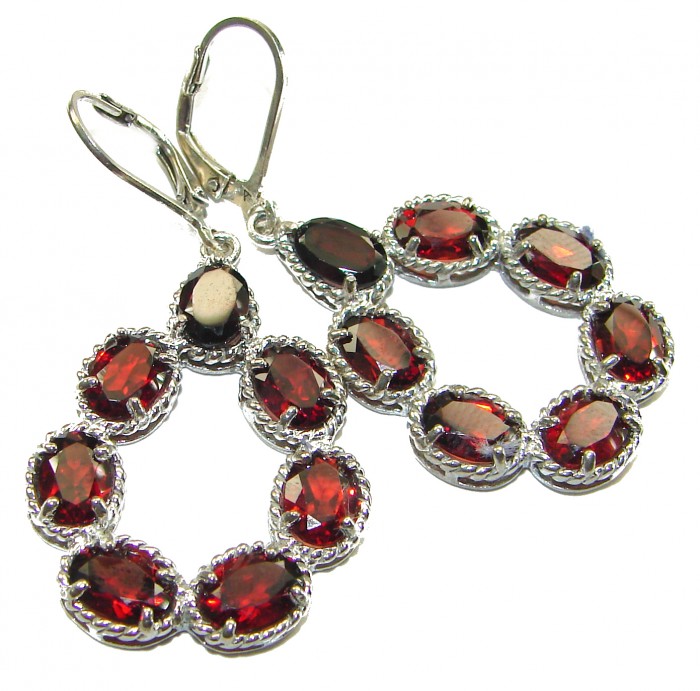 Red Royalty Authentic 22.9 carat Garnet .925 Sterling Silver brilliantly handcrafted earrings - Red garnet earrings in sterling silver, front view close-up.