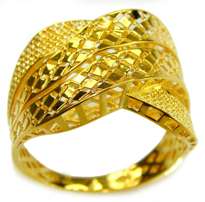 Dubai Style - .925 Sterling Silver dipped in 22K Gold handmade Large ring size 10 - Intricate gold ring with textured pattern, angled side view.