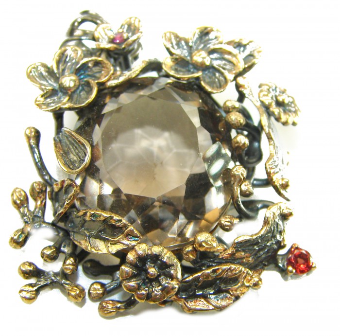 Authentic 33.5 carat carved Smoky Topaz 2 tones .925 Sterling Silver handmade Statement Pendant - Close-up of 33.5 carat smoky topaz in floral sterling silver setting.