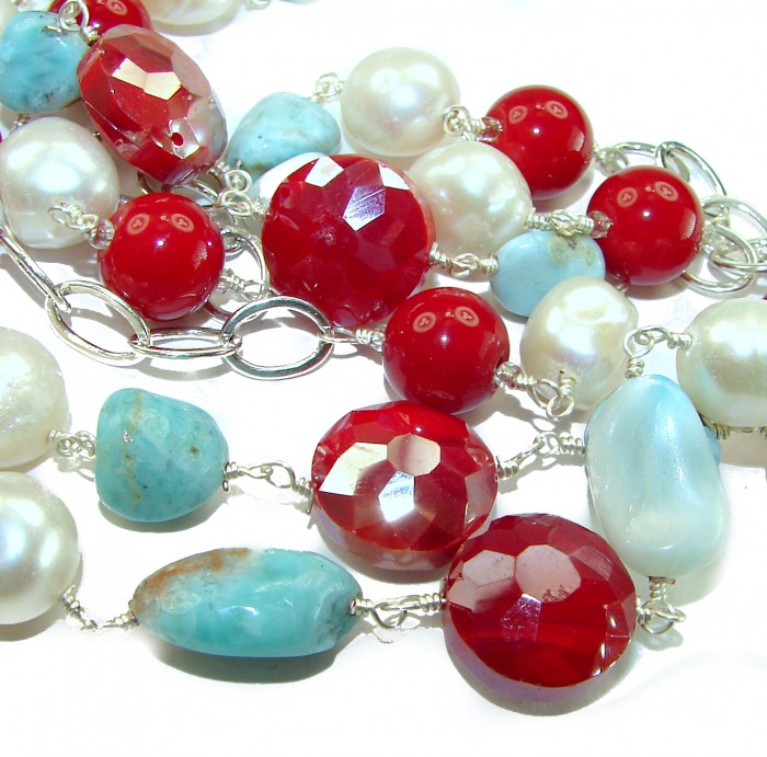 Sublime 32 inches long Red Fossilized Coral handmade Necklace - Close-up of red coral, pearl, and blue stone necklace detailing