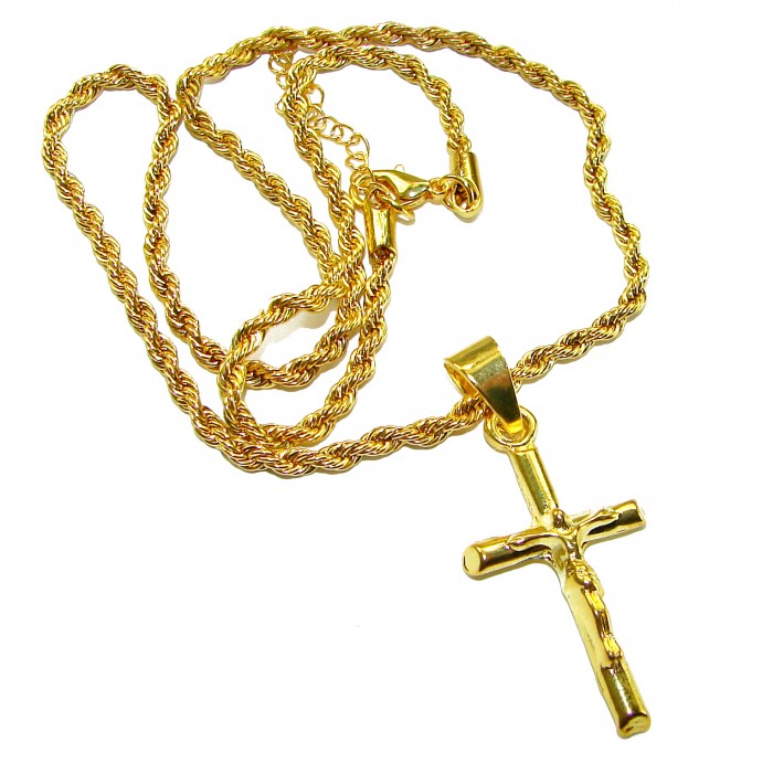 Precious Cross Genuine 14K Gold over .925 Sterling Silver handmade necklace - Gold cross necklace with rope chain, angled view showing clasp.