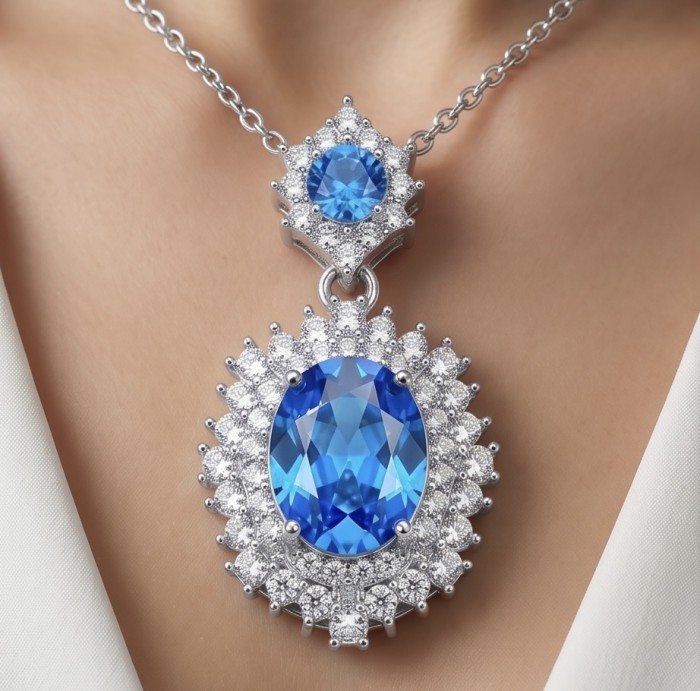 Blue Drop - 8.5 carat authentic Swiss Blue Topaz .925 Sterling Silver handcrafted necklace - Blue Topaz necklace worn on neck, showcasing stones and setting.
