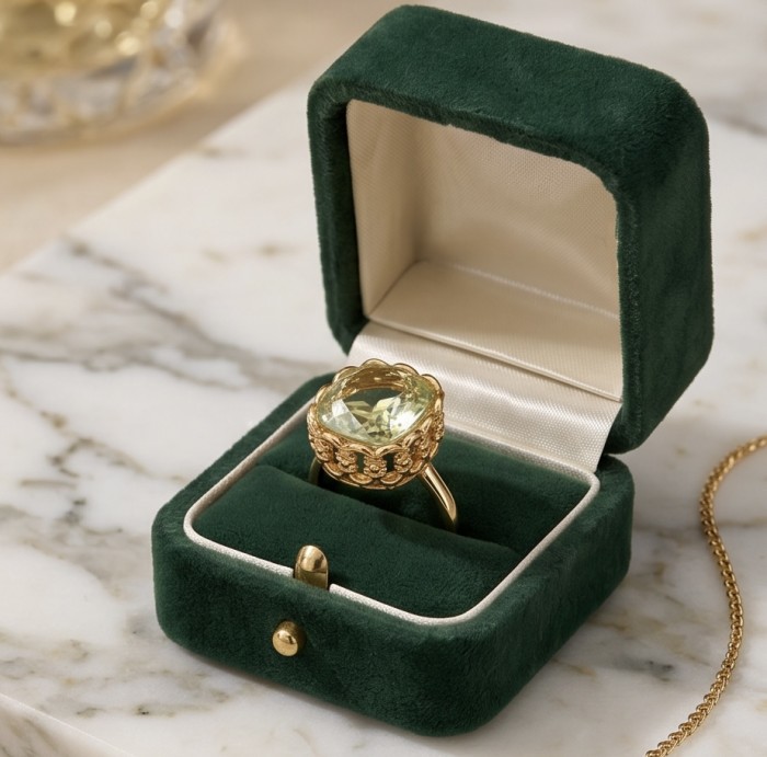 Costa del Sol 14.4 carat Lemon Quartz 18K Gold over .925 Sterling Silver handcrafted ring size 9 1/4 - Lemon quartz ring in green velvet box, top view on marble surface.