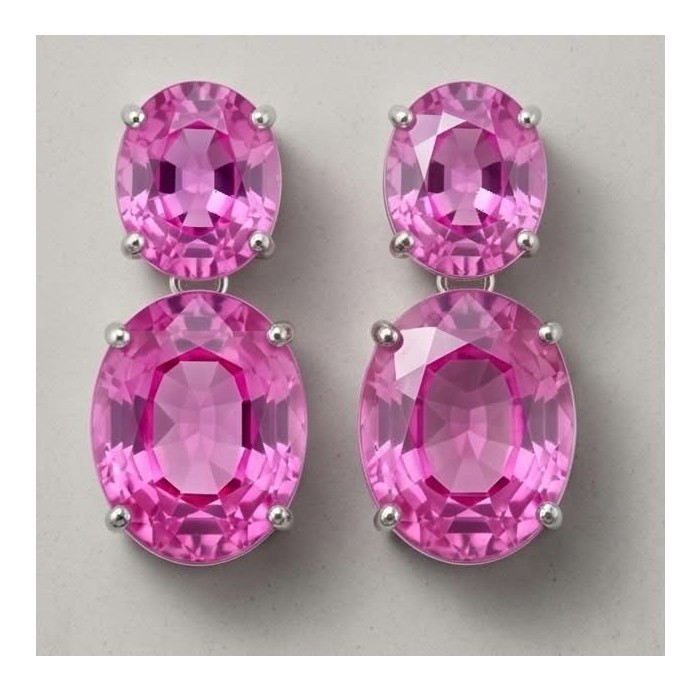 Large - Tiffany - authentic oval cut 49.7 carat Pink Sapphire .925 Sterling Silver handcrafted Earrings - Pink sapphire earrings, frontal view, showcasing two oval-cut stones.