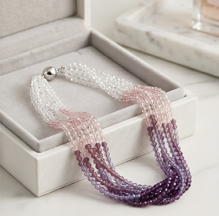 Purple CASCADE Authentic Mountain Crystal .925 Sterling Silver handmade Necklace - Front view of purple crystal necklace in jewelry box