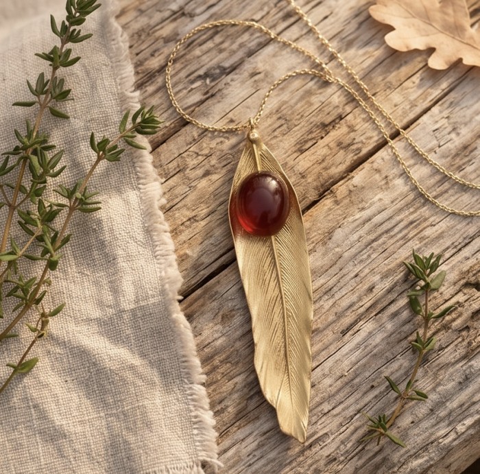 Stylish REAL Leaf dipped in gold Boulder Opal .925 Sterling Silver Pendant - Gold-dipped leaf pendant with opal, flat lay on wooden surface.