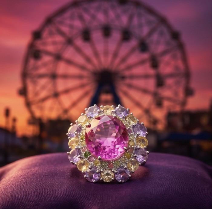 Anastasia 25.2 carat Pink Sapphire .925 Sterling Silver dipped in Rhodium Handcrafted Statement Ring size 7 - Close-up of pink sapphire ring with ferris wheel in the background