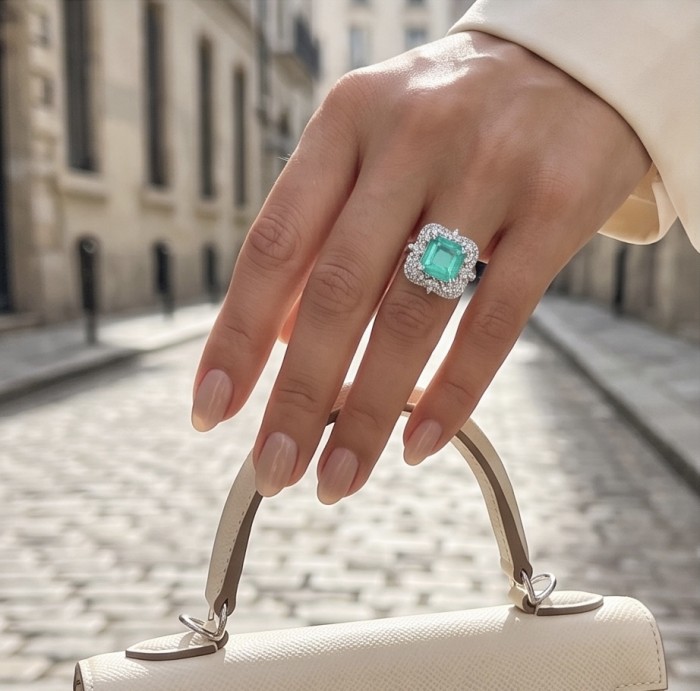 Elizabeth princess cut 14.8 carat Colombian Emerald 12.3 carat Moissanite .925 Sterling Silver dipped in Rhodium handcrafted Ring size 8 - Emerald ring worn on hand, street background, close-up view.