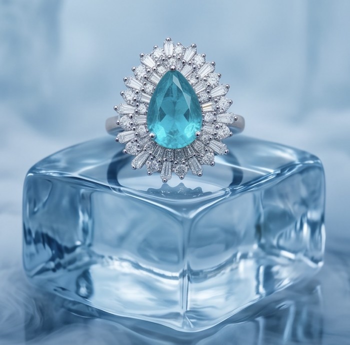 Esperanza - Luxurious pear cut 6.7 carat Emerald rhodium over .925 Sterling Silver handcrafted Ring s. 7 1/4 - Close-up of Esperanza ring with pear cut 6.7 carat emerald on display