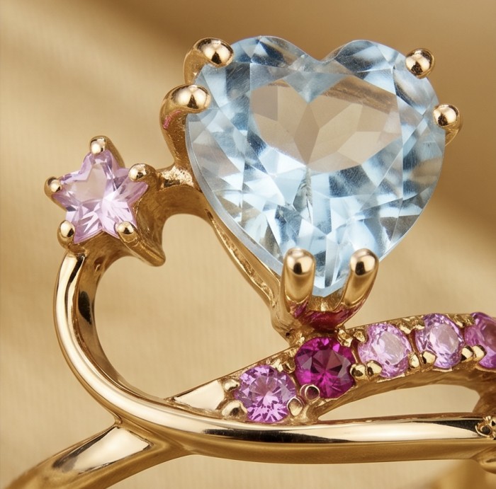 Atlantica 4.8 carat Swiss Blue Topaz 18K Gold over .925 Sterling Silver dipped in rhodium handcrafted ring size 8 - Close-up of heart-shaped Swiss Blue Topaz ring with star detail