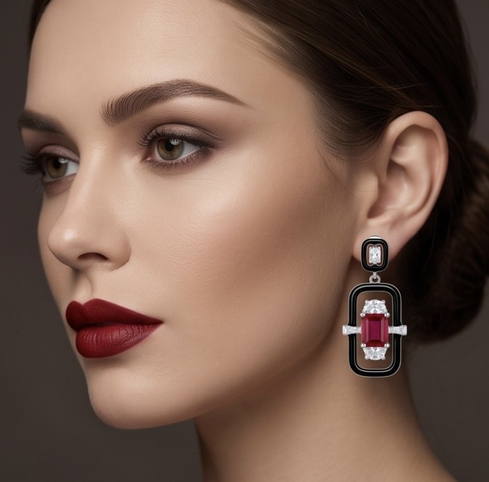 Art Deco - 4.5 carat Ruby enamel .925 Sterling Silver handcrafted incredible earrings - Side profile with Art Deco Ruby enamel earrings in focus.