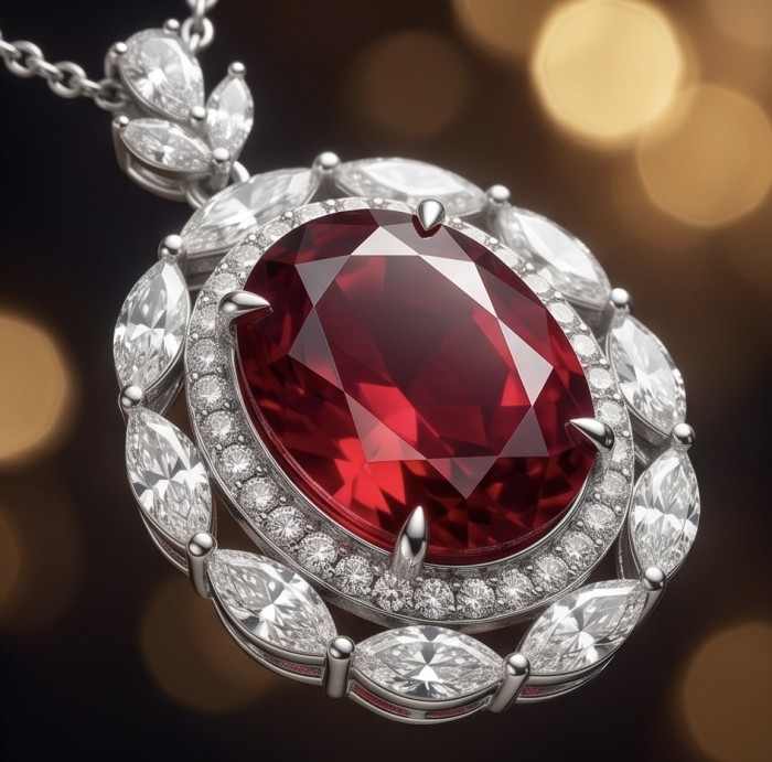 Luxurious 15.9 carat natural Mozambique Ruby .925 Sterling Silver .925 Sterling Silver Statement Necklace - Close-up of ruby and topaz pendant on a chain
