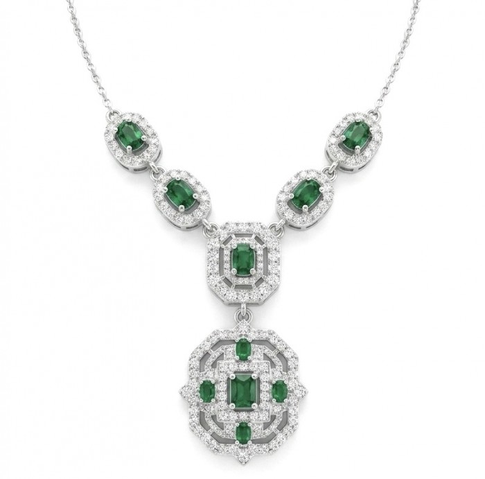 Art Deco - Pacifica - 11.4 carat Colombian Emerald .925 Sterling Silver handmade Statement necklace - Front view of Art Deco necklace with Colombian emeralds and silver details