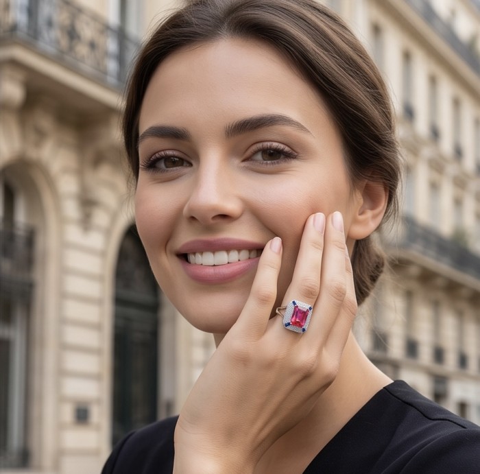 Art Deco 16.6 ctw Ruby .925 Sterling Silver handcrafted Statement Ring size 8 - Woman wearing Art Deco ruby ring, close-up of hand and ring.